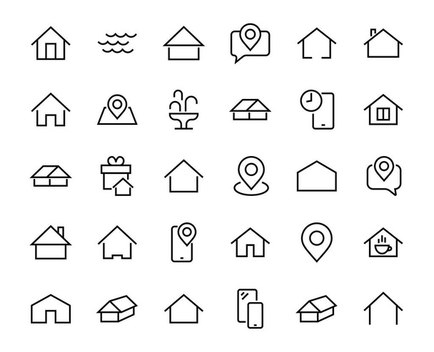 Conjunto simple de plantillas de iconos de casa editables en color. Contiene iconos, calendario de inicio, cafetería y otros signos vectoriales aislados sobre un fondo blanco para el diseño gráfico y web - Vector, Imagen