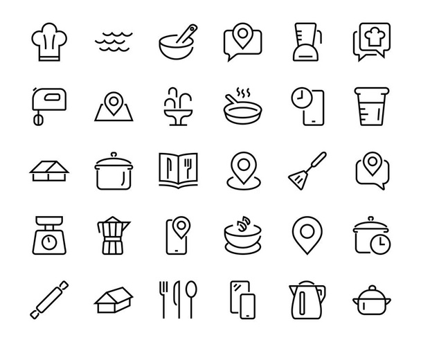 Набір іконок для приготування їжі та кухні, векторні лінії, містить іконки, такі як ніж, каструля, час кипіння, міксер, ваги, рецепт книги. Інсульт, ідеальний 480x480 пікселів, білий фон
 - Вектор, зображення
