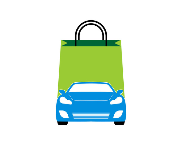 Bolsa de compras con coche azul en el centro - Vector, imagen