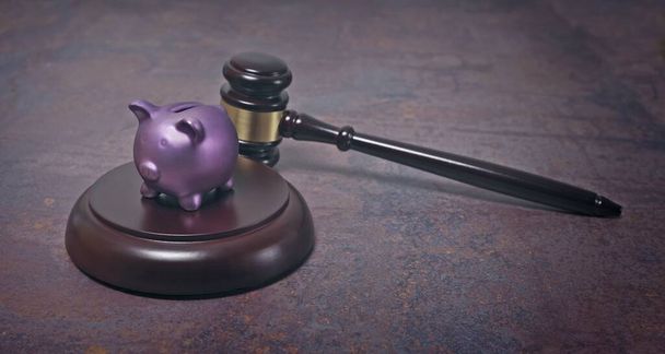Piggy bank lying on sounding block with gavel beside. Justice and money concept. - Photo, Image