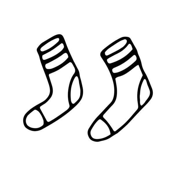 Vector doodle paire de chaussettes chaudes douillettes. Vêtements simples dessinés à la main pour affiche, impressions, autocollants ou design saisonnier. Icône pour cartes de vœux de vacances, vêtements de camping ou de maison, style sportif, logo - Vecteur, image