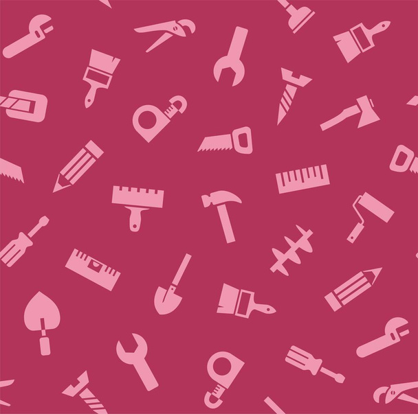 Hand tools, construction, seamless pattern, color, lilac. Pink icons on a crimson field. Colored flat background. Vector.  - Vecteur, image