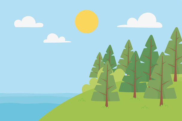 landscape lake trees in hill sunny day sky clouds - Vector, Image