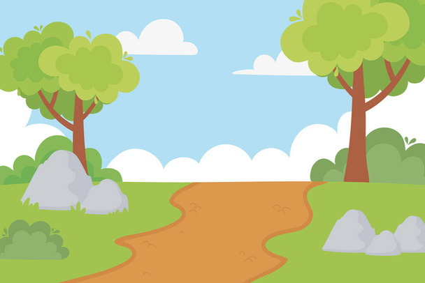 landscape rural path trees bushes stones and sky cartoon - Vector, Image