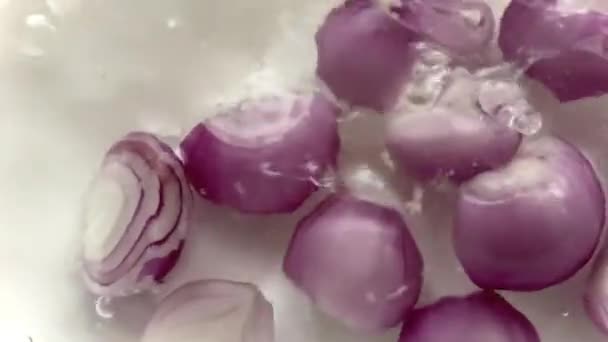 Elejtve néhány vágott vörös hagymát a vízben, mivel buborékokat és néhány fröccsenést hoz létre egy elszigetelt fehér háttér - Felvétel, videó