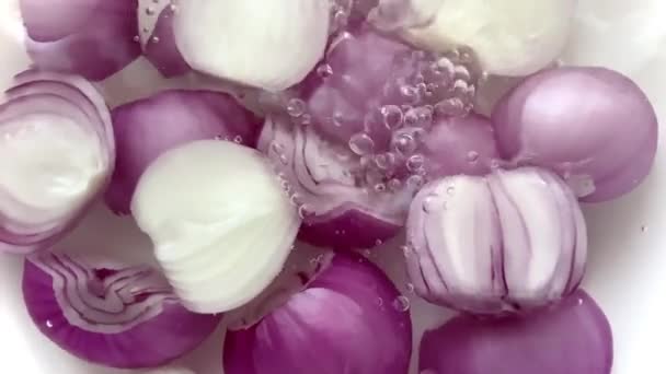 Giet water op een paar gesneden rode uien als bubbels worden gevormd op een geïsoleerde witte achtergrond - Video