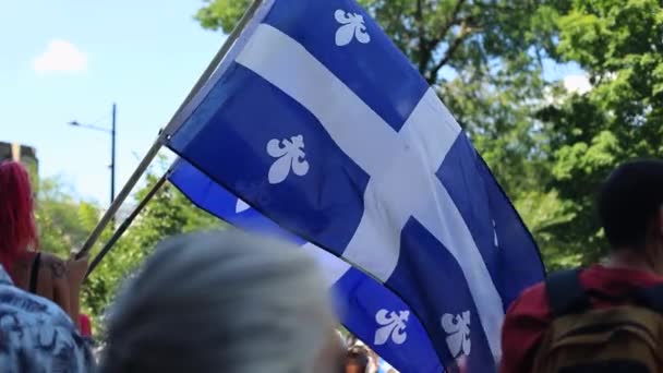 Frau mit Quebec-Fahne steht aus Protest - Filmmaterial, Video