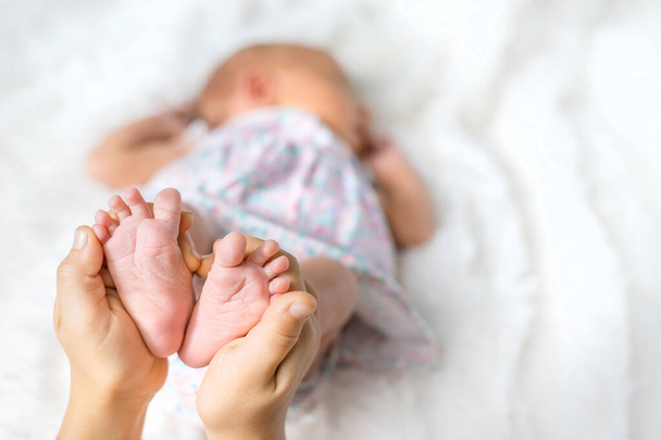 newborn baby in the hands of a sister's legs. selective focus. people. - Foto, Imagem