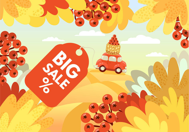 Herbstverkauf. Herbst Landschaft Hintergrund-Layout mit Blättern, Beeren und rotem Auto zum Verkauf Poster oder Web-Banner. Vorlage zur Vektorillustration. - Vektor, Bild