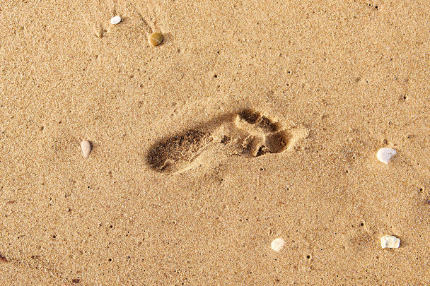Stap één voet op het zand bij zonsopgang - Gouden zonsopgang - voetafdrukken in het zand - voetafdrukken op het strand - reisbeperkingen - Foto, afbeelding