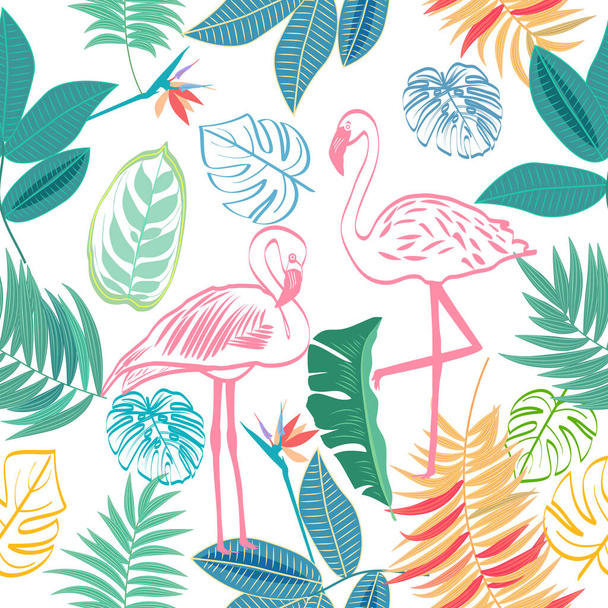 Vector naadloos patroon met roze flamingo en bloemen, tropische jungle bladeren van palmboom, bloemen achtergrond. - Vector, afbeelding