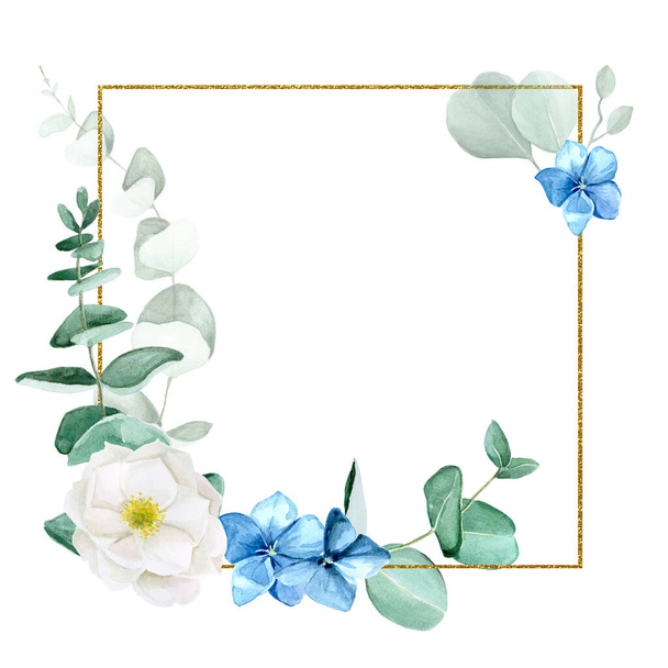 square golden frame with watercolor flowers and eucalyptus leaves. rectangular shining frame, vintage design for wedding, invitation cards. cosmetics, perfumery logo - 写真・画像