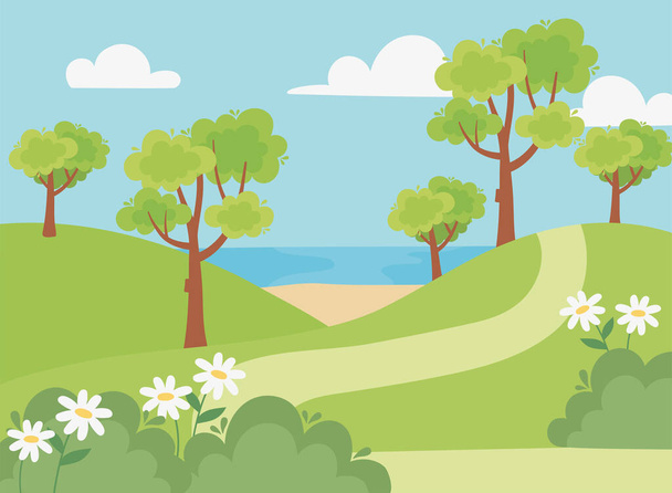 krajobraz drzewo ścieżka kwiaty pole plaża i jezioro scena - Wektor, obraz