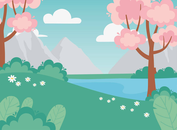 Ландшафт розовые деревья цветы озеро куст луга горы - Вектор,изображение