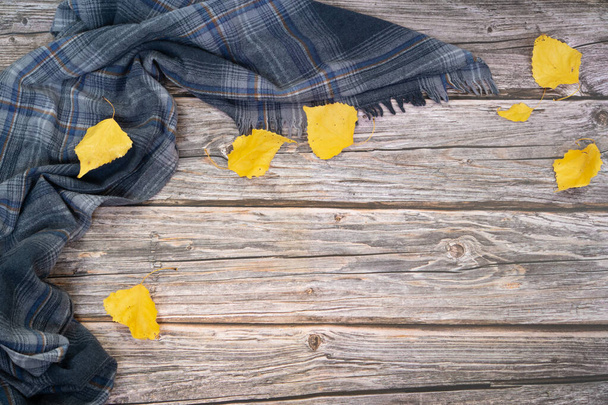 Осенняя квартира лежала с серым шарфом и сухими листьями желтого цвета на фоне дерева.  - Фото, изображение