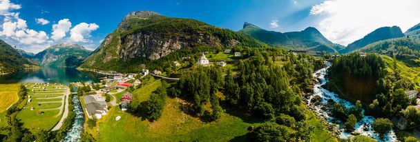 Panoramic iew of the river Geirangerelvi and the waterfall Storfossen in Geiranger, Norway. - Zdjęcie, obraz