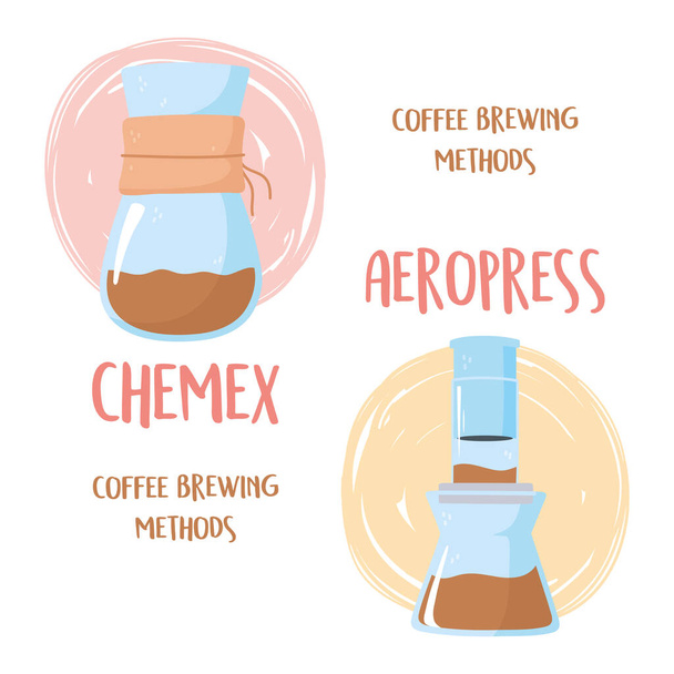 métodos de elaboración de la cerveza de café, procesos de quimex y aeroimpresión - Vector, imagen