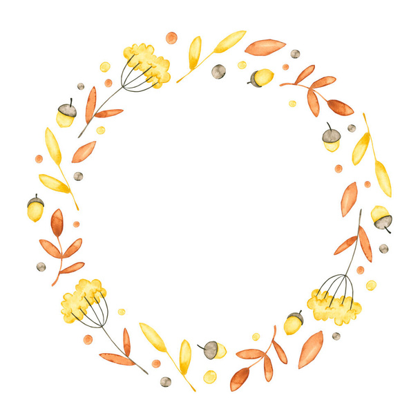 Aquarell-Rundrahmen mit Herbstpflanzen. Handgezeichnete Illustrationen sind isoliert auf weiß. Blumenkranz mit Eicheln ist perfekt für Vintage-Design, Grußkarte, Innenposter, Babyprint - Foto, Bild