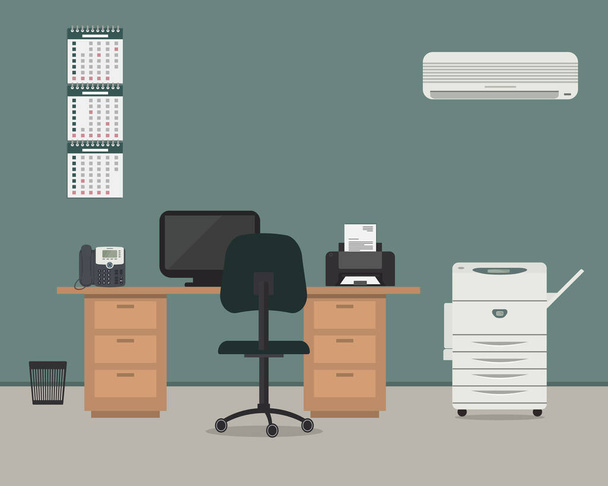 Office room in a green color. Workplace for office worker with furniture. There is a desk, a chair, a phone, a printer, air conditioner, copier, a calendar in the picture. Vector illustration - ベクター画像