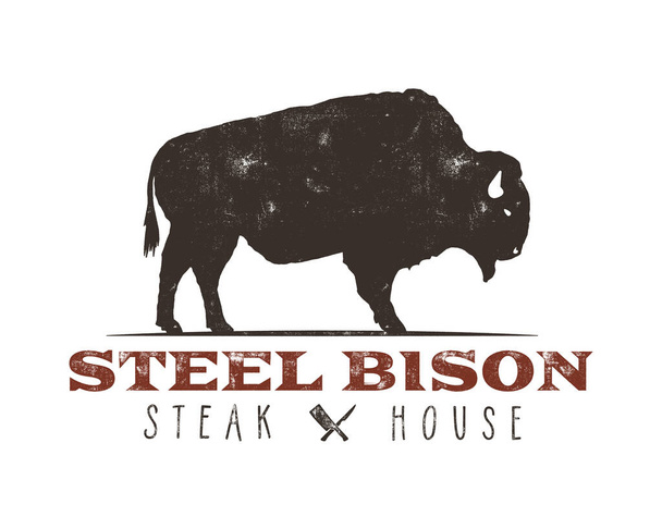 Steak House vintage label. Een stalen bizon. Typografie letterpers ontwerp. Met zonnestralen, geïsoleerd op wit. - Vector, afbeelding