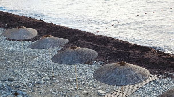 Top uitzicht op zonnige dag aan het strand met een rauw van stro parasols. Concept. Zomer landschap met kiezelstrand en parasols voor de bescherming tegen de zon. - Foto, afbeelding