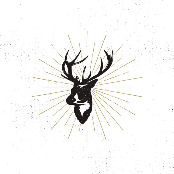 Hand drawn deer s head label. Vintage black vector silhouette of Deer head with antlers, sunbursts isolated on white background. Wild animal shape design. Stamp Illustration - Vektor, Bild