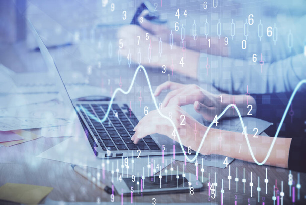 Multi exposure of woman hands typing on computer and financial chart hologram drawing. Stock market analysis concept. - Фото, зображення