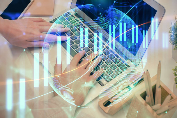 Multi exposure of woman hands typing on computer and forex chart hologram drawing. Stock market analysis concept. - Photo, Image