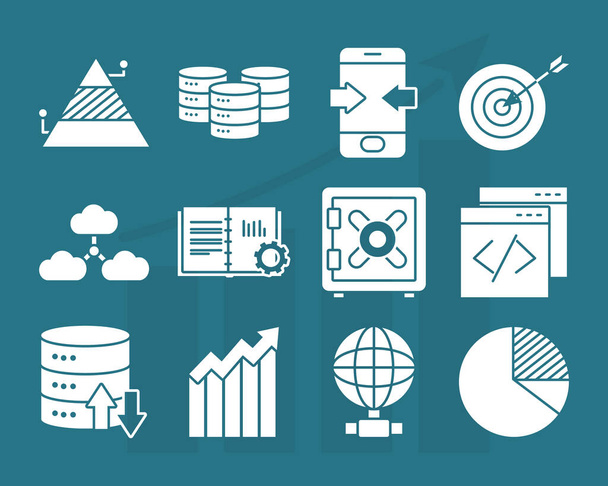 strongbox and data analysis icon set, silhouette style - Vector, Image