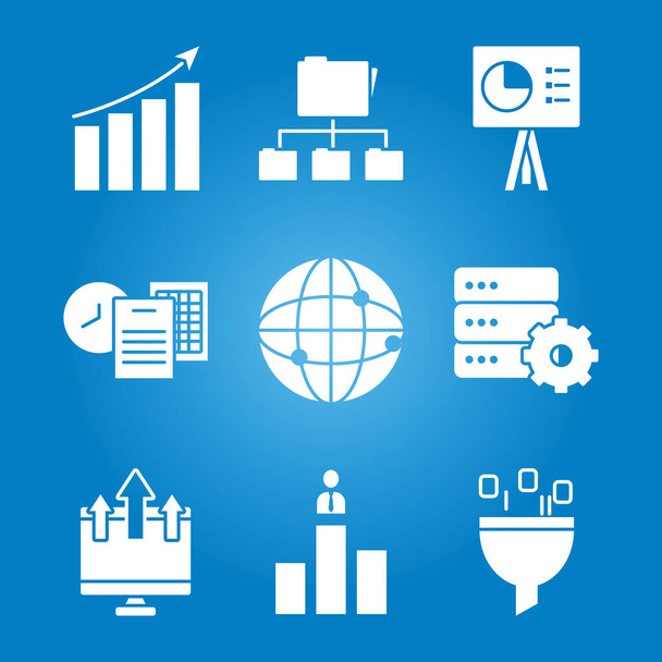 icon set of data analysis and global network, silhouette style - Vector, Image
