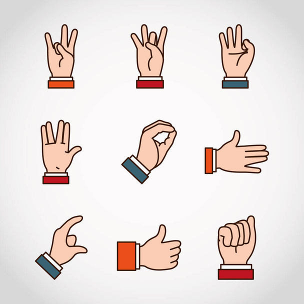 Manos lenguaje de señas y expresiones icono conjunto, línea y estilo de relleno - Vector, imagen
