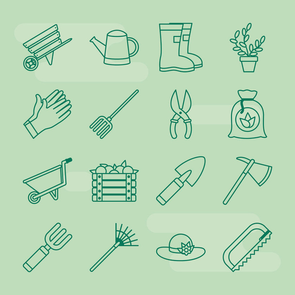 icône ensemble de brouette et de jardinage, style ligne - Vecteur, image