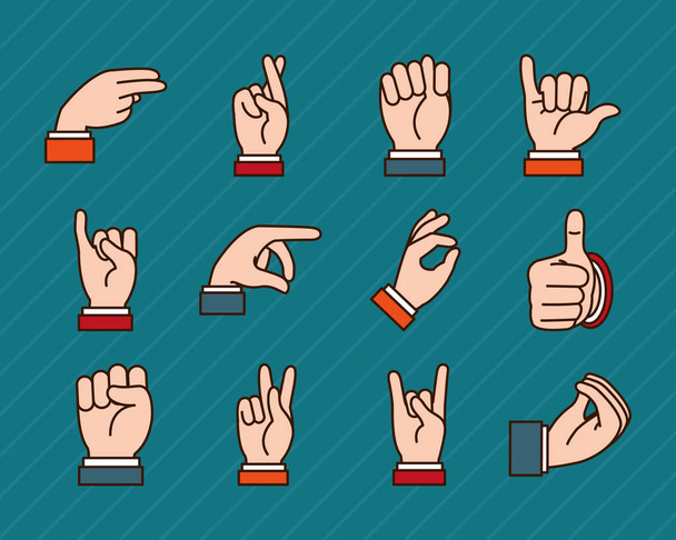 mão sinais ícone definido, linha e estilo de preenchimento - Vetor, Imagem