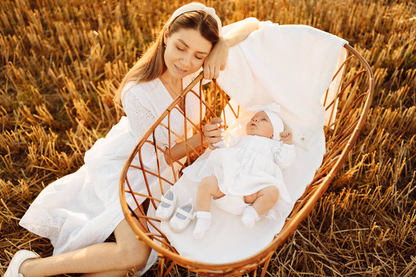 Gorgeous woman near the tiny bed with beautiful newborn baby girl at the field, loving mother take care of little daughter, tender family moments, parenting and maternity concept - Zdjęcie, obraz