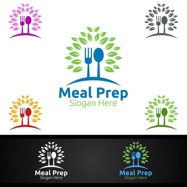Logo sano dell'alimento della preparazione del pasto dell'albero per progettazione in linea di consegna del ristorante, del caffè o del catering - Vettoriali, immagini