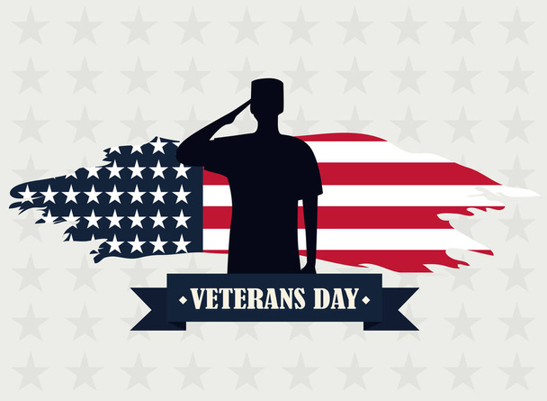feliz día de los veteranos, soldado de silueta saludando en el fondo estrellado - Vector, Imagen