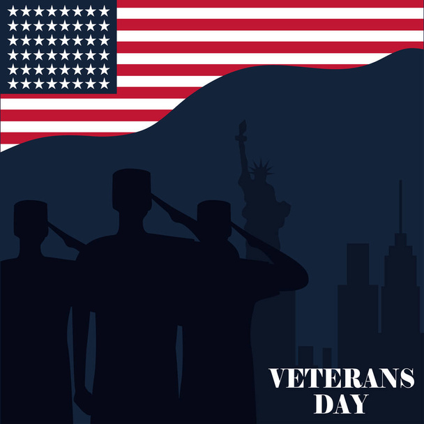 felice giorno dei veterani, i soldati di silhouette salutano la bandiera americana di città di New York - Vettoriali, immagini