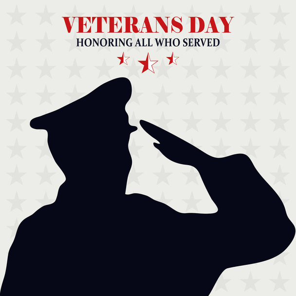 happy veterans day, soldier saluting stars background card - Vector, Image