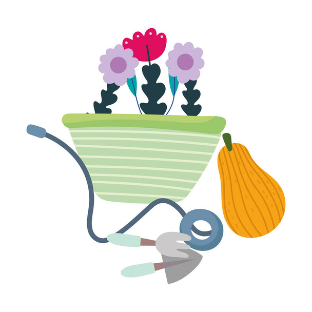 happy garden, flowers in wheelbarrow shovel rake pumpkin - Vektor, obrázek