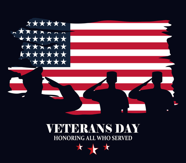 heureux jour des anciens combattants, silhouette militaire sur drapeau style grunge - Vecteur, image