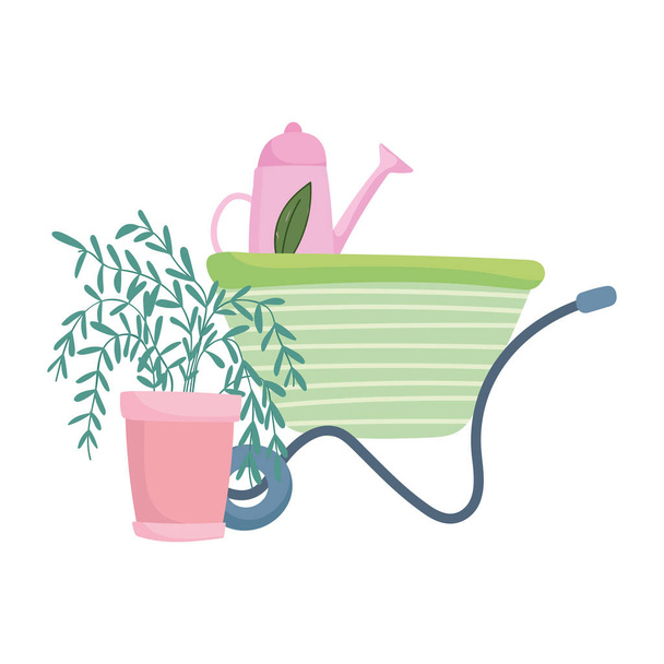 happy garden, wheelbarrow watering can and potted plant cartoon - Vector, Image
