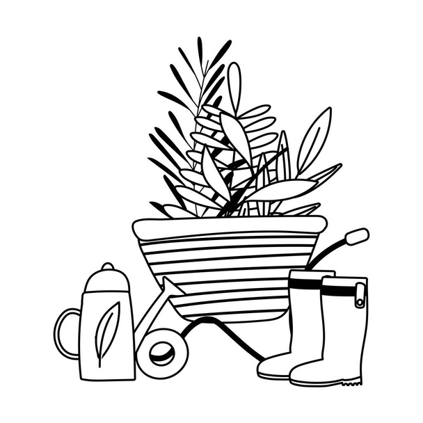 happy garden, wheelbarrow boots and watering can, line icon style - Vector, Image