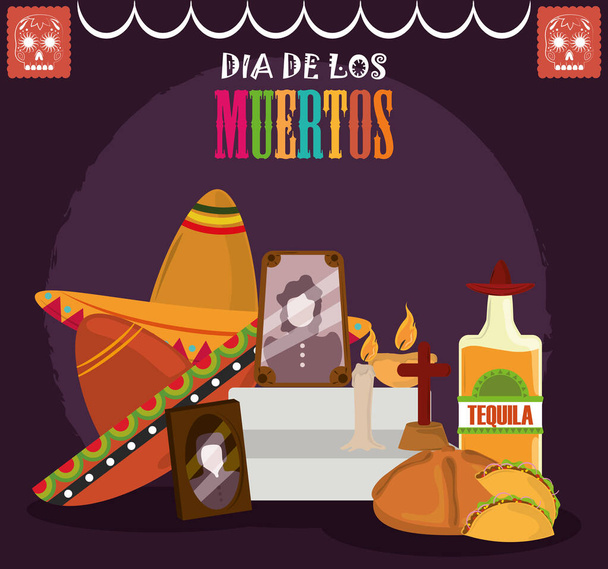 día de los muertos, altar con marcos de fotos sombrero de pan de tequila y velas, celebración mexicana - Vector, Imagen