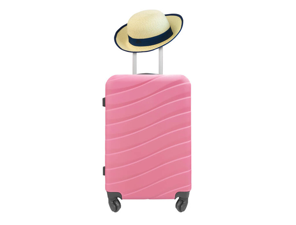 Розовый чехол с колёсами и шляпой на белом - Фото, изображение