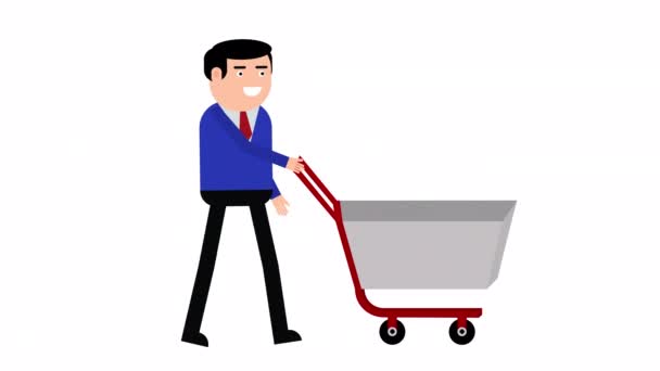Personaje hombre caminando con un carrito de compras bucle animación 2D. .. Canal alfa se incluirá al descargar el archivo 4K Apple ProRes 4444 solo. - Metraje, vídeo