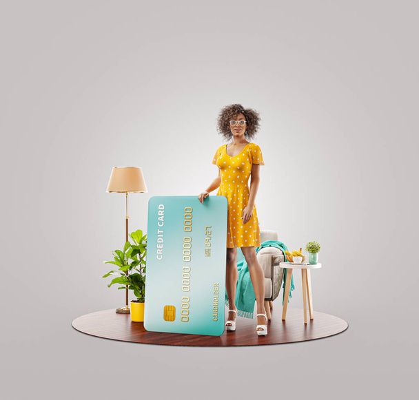 3d illustration of a smiling young black female with credit card at her home. Payment online concept. - Fotó, kép