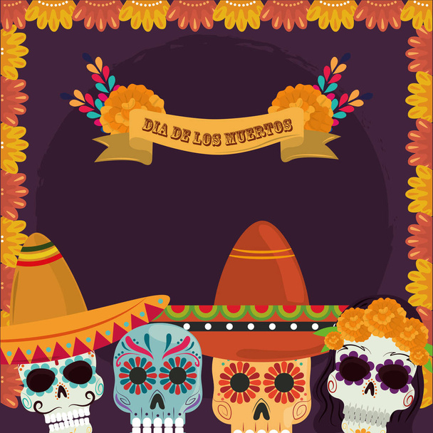 Tag der Toten, Blumen Catrinas Blumen mit Hutdekoration Karte, mexikanische Feier - Vektor, Bild