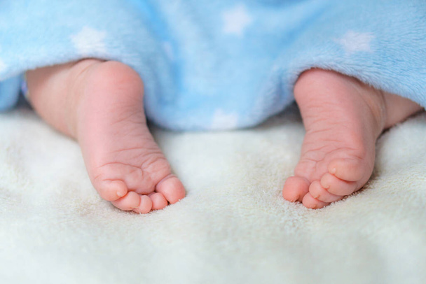 Kleine blote benen en voeten van pasgeborenen bedekt met een blauwe zachte warme deken. Kleine baby slaapt op een witte deken op bed. Dermatologie, kindergeneeskunde, onschuld, kindertijd, moederschap concepten. Kopieer soace. Hoge kwaliteit foto - Foto, afbeelding
