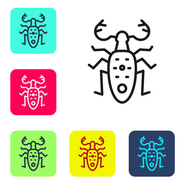 Black line Beetle deer icon isolated on white background. Horned beetle. Big insect. Set icons in color square buttons. Vector. - Vector, Image