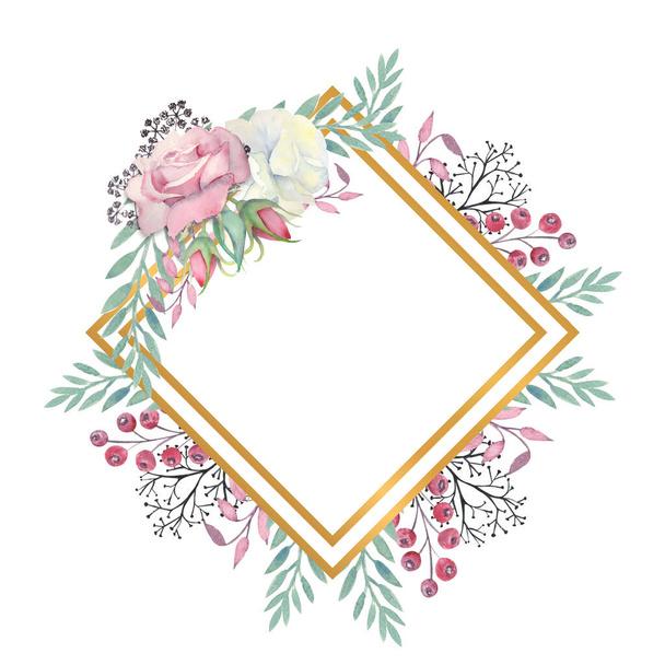Weiße und rosa Rosen blühen, grüne Blätter, Beeren in einem goldenen Rautenrahmen. Hochzeitskonzept mit Blumen. Aquarellkompositionen zur Dekoration von Grußkarten oder Einladungen. - Foto, Bild
